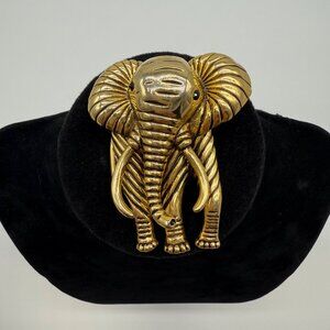 Vintage Gold-Tone Elephant Brooch Pin Black Glass Eyes Detailed Design